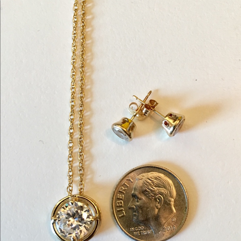14k Gold CZ Bezel Necklace & Earrings Set - Picture 5 of 6